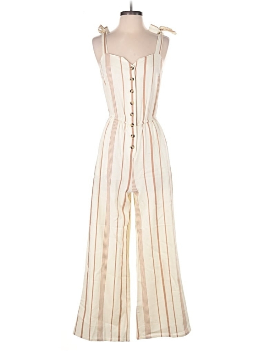 Modcloth Striped Cream and Tan Button-Front Jumpsuit